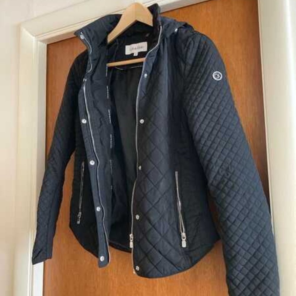 Calvin Klein Quilted Hooded Rain Jacket, Detachable Hood, XS Black